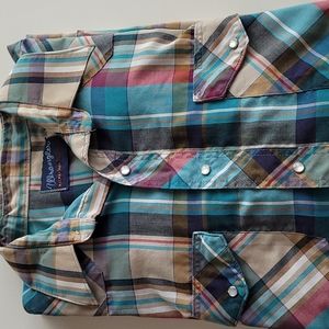 Vintage Wrangler plaid X long tails Western Shirt 17x34
